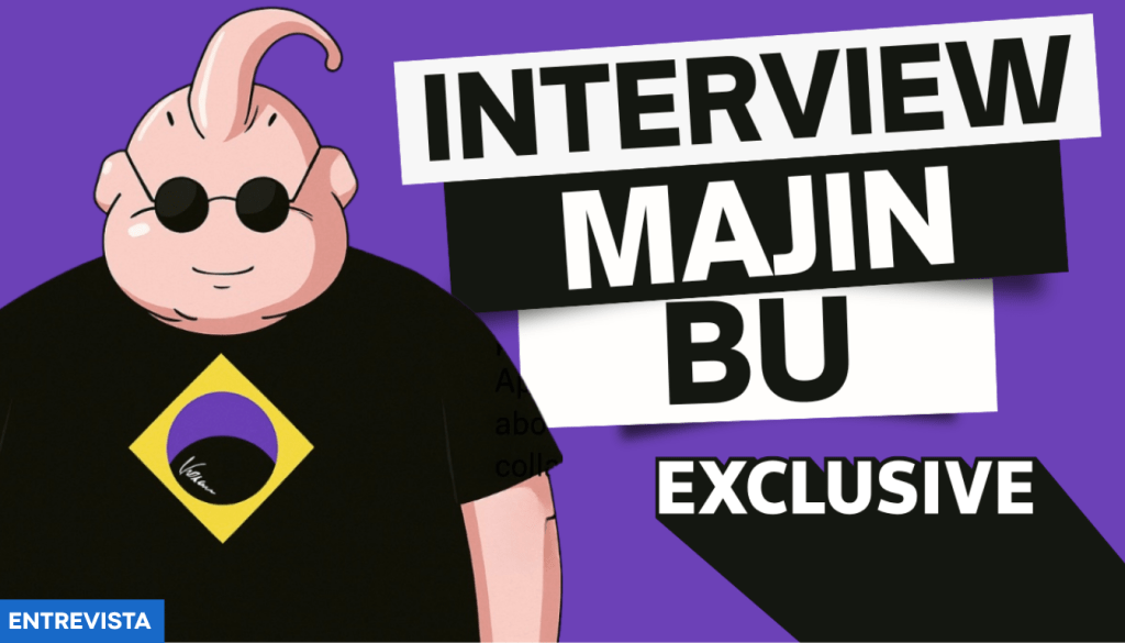 Illustration of Majin Bu, a character with a large pink body and a distinctive hairstyle, wearing sunglasses and a black t-shirt featuring a yellow logo, set against a vibrant purple background with the text 'INTERVIEW MAJIN BU EXCLUSIVE'.