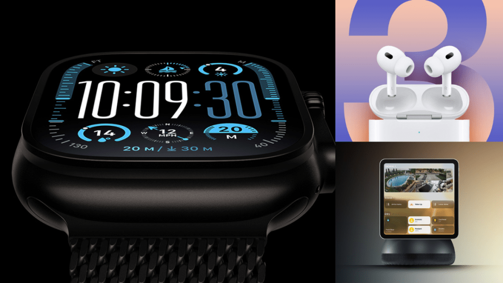 Collage of leaked Apple products: Apple Watch Ultra 3, A18 chip, and AirPods Pro 3.