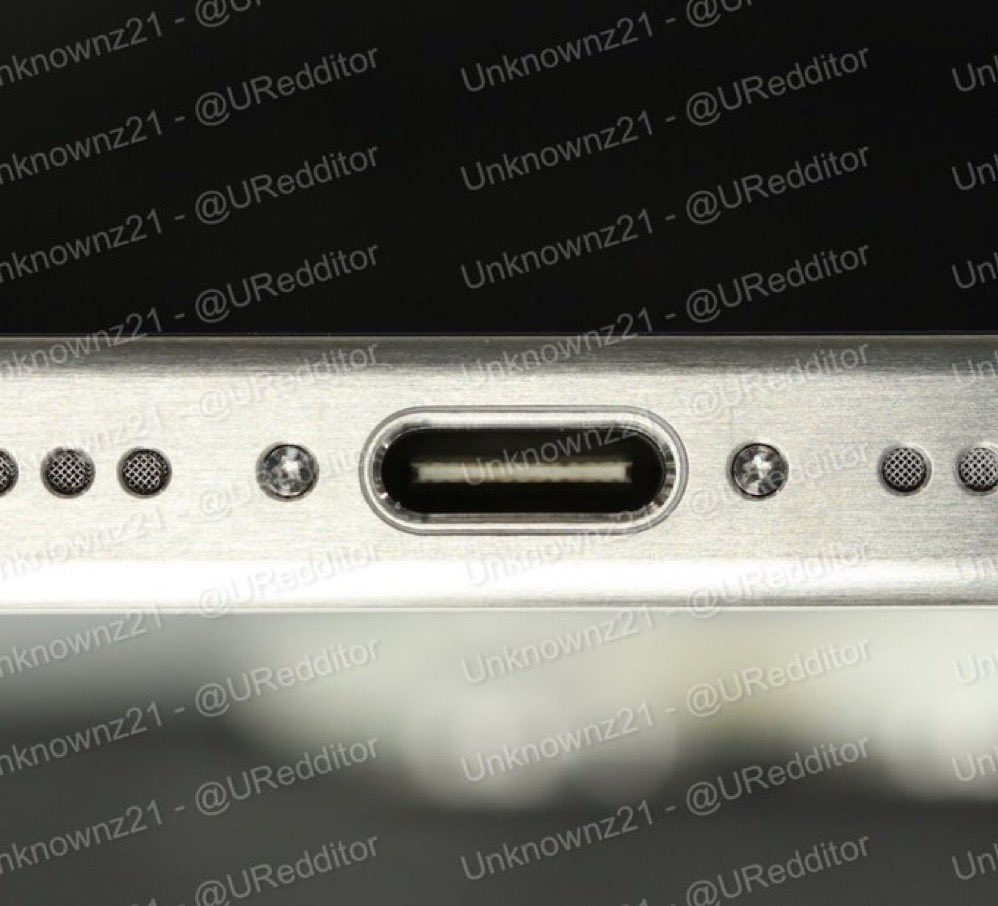 Close-up of an iPhone prototype showing a USB-C port, shared by leaker Unknownz21
