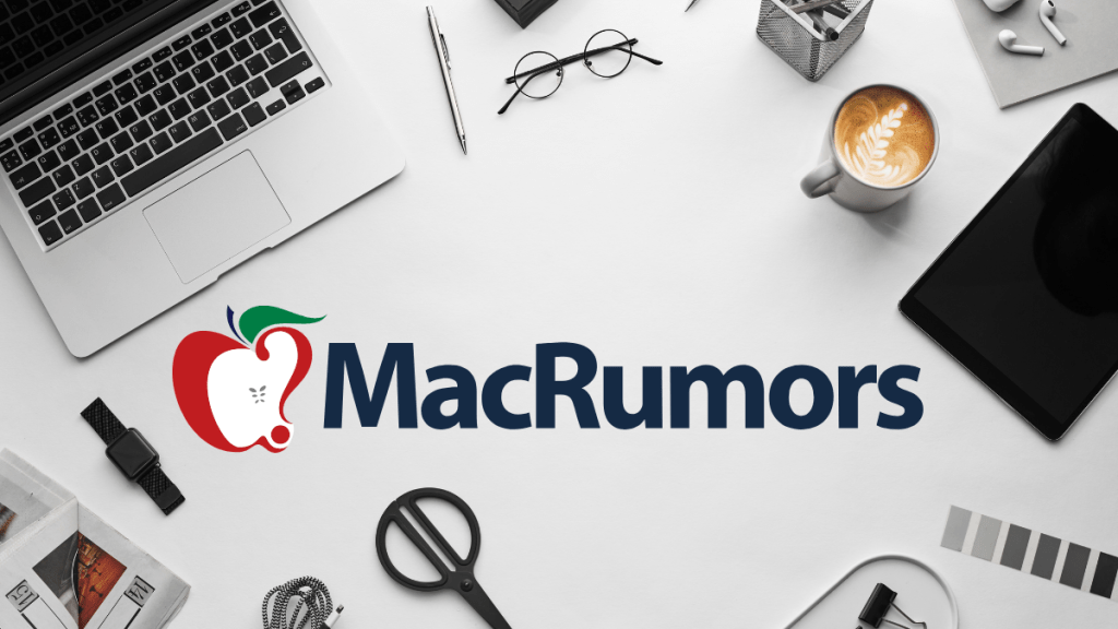 Laptop showing AppleDB on screen, MacRumors logo, and an Apple Bug Bounty certificate seal.