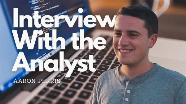 Portrait of Apple analyst Aaron Perris next to a laptop with code and the interview title.