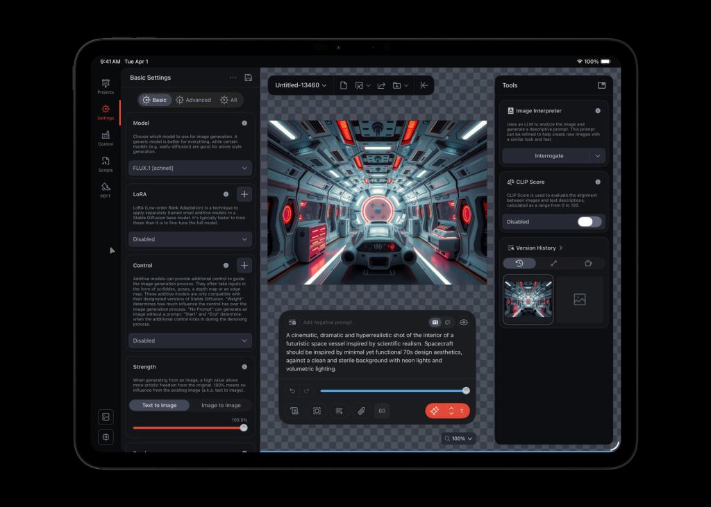 Interfaz de una aplicación en un iPad Pro mostrando configuraciones básicas y avanzadas para la generación de imágenes, con un diseño futurista de interiores de una nave espacial en el lado derecho.
