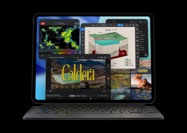 Pantalla de un iPad Pro M5 mostrando múltiples aplicaciones abiertas, incluyendo un análisis meteorológico, un video, y gráficos tridimensionales de un paisaje.