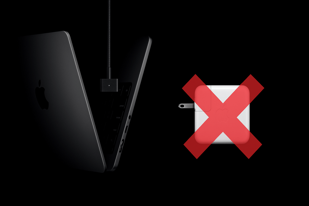 Un MacBook Pro M5 con un cable de carga USB-C conectado, junto a una imagen de un cargador Apple tachado en rojo.