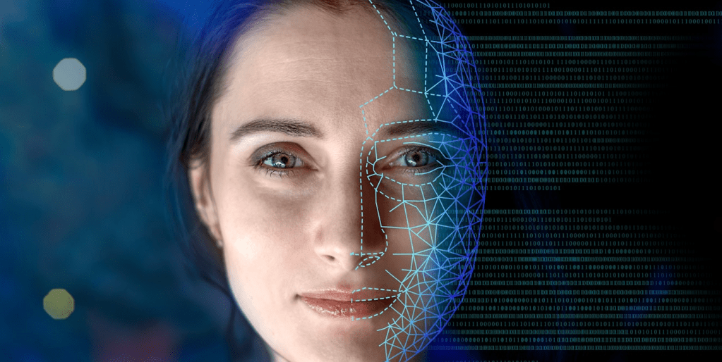 Retrato de una mujer con un fondo digital que muestra un patrón de datos binarios. Su rostro está parcialmente transformado en un gráfico de líneas y puntos, representando una interfaz digital.