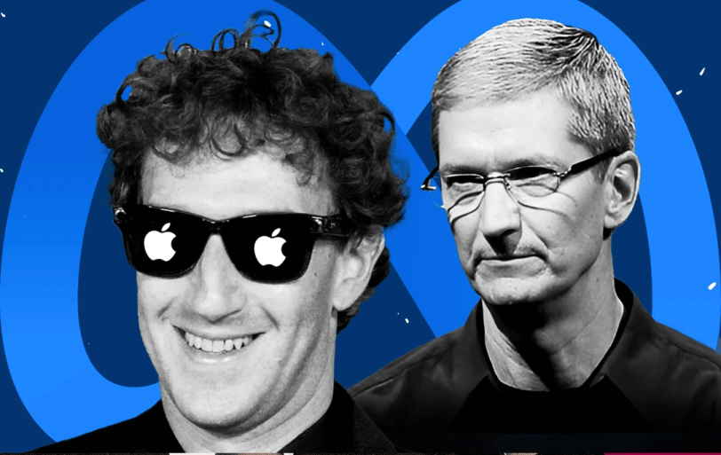 Imagen que muestra a dos hombres, uno con gafas de sol con el logotipo de Apple y el otro con gafas, sobre un fondo azul. Representa un contraste entre la tecnología de Apple y Meta.