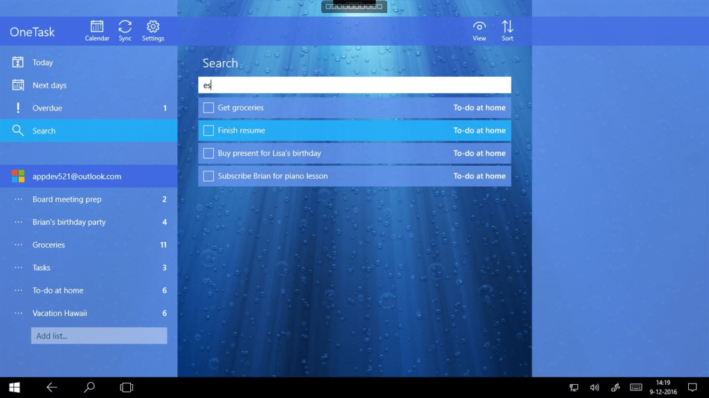 Interfaz de la aplicación One Task mostrando una lista de tareas, con una barra de búsqueda en la parte superior y un fondo azulado con burbujas.