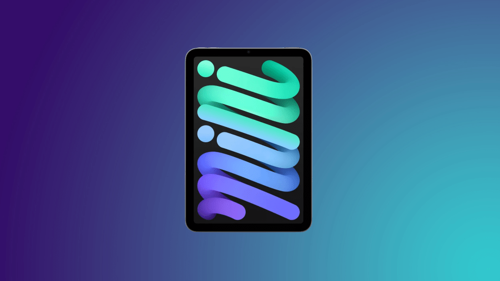 Ilustración de un iPad mini con un diseño colorido y abstracto, mostrando un fondo degradado que va del púrpura al azul.