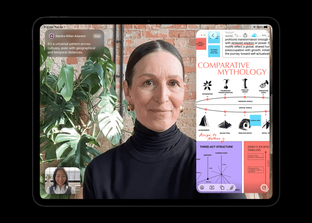 Usuario en videollamada utilizando un iPad Pro, con una presentación sobre mitología comparativa visible en la pantalla y un fondo de pared de ladrillos.