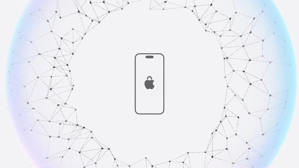 Representación gráfica de un iPhone con el logo de Apple, rodeado de un patrón de red que simboliza conectividad y seguridad en el contexto de inteligencia artificial.