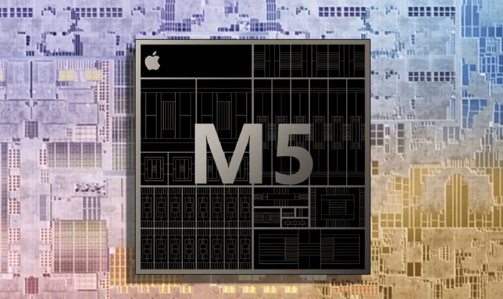 Chip M5 de Apple sobre un fondo detallado de circuitos, destacando su diseño y características.