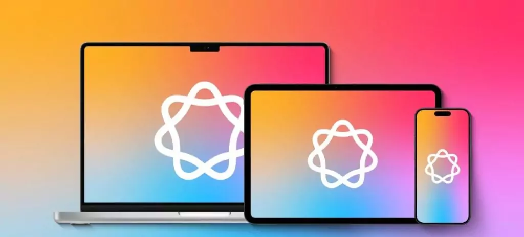 Dispositivos Apple mostrando el logo de Private Cloud Compute sobre un fondo degradado de colores vibrantes.