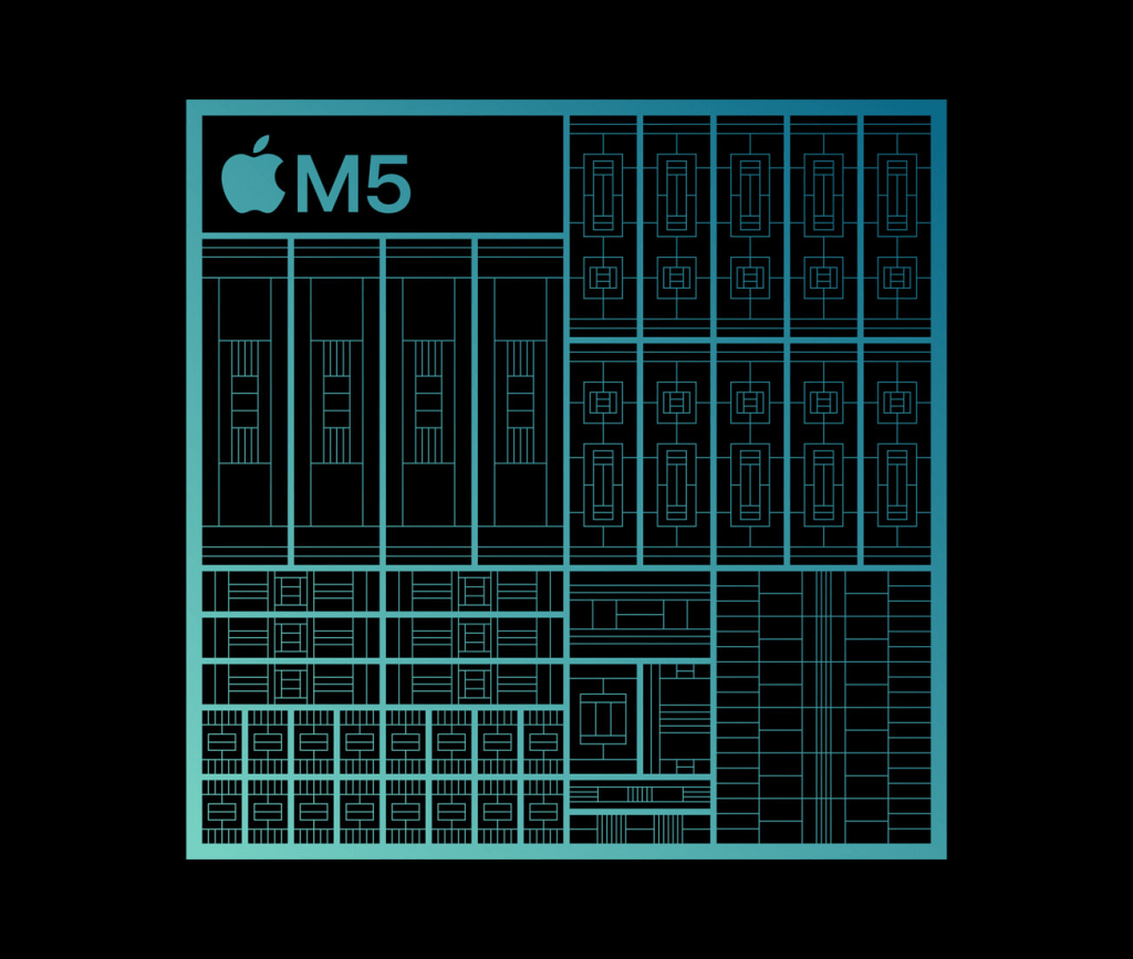 Ilustración del chip Apple M5 con un diseño futurista en un fondo oscuro, mostrando sus componentes de manera técnica.