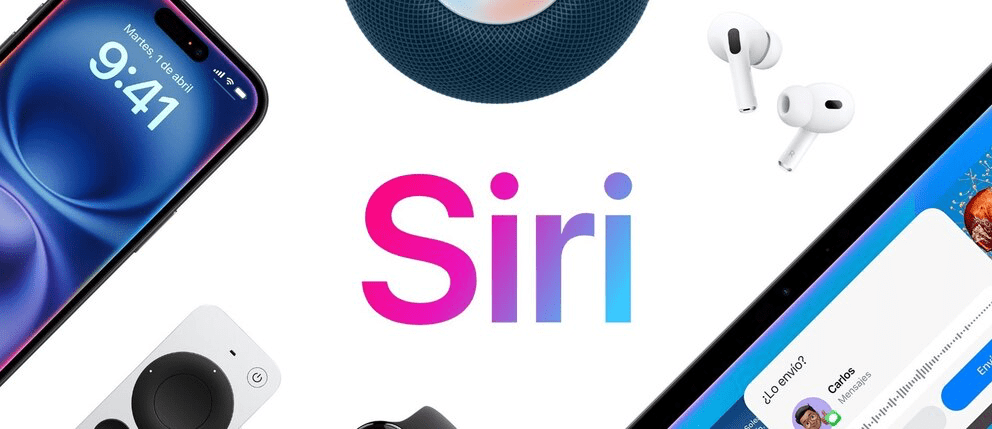 Imagen que muestra el logo de Siri con dispositivos Apple como un iPhone, AirPods y un HomePod, representando la integración de la inteligencia artificial en productos de Apple.