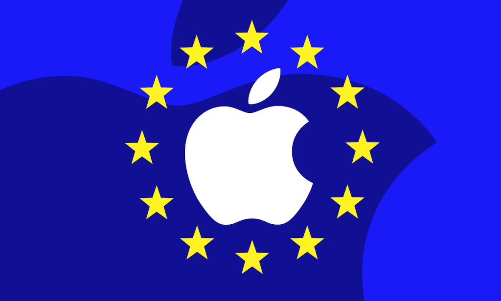 Logo de Apple superpuesto con la bandera de la Unión Europea en un fondo azul