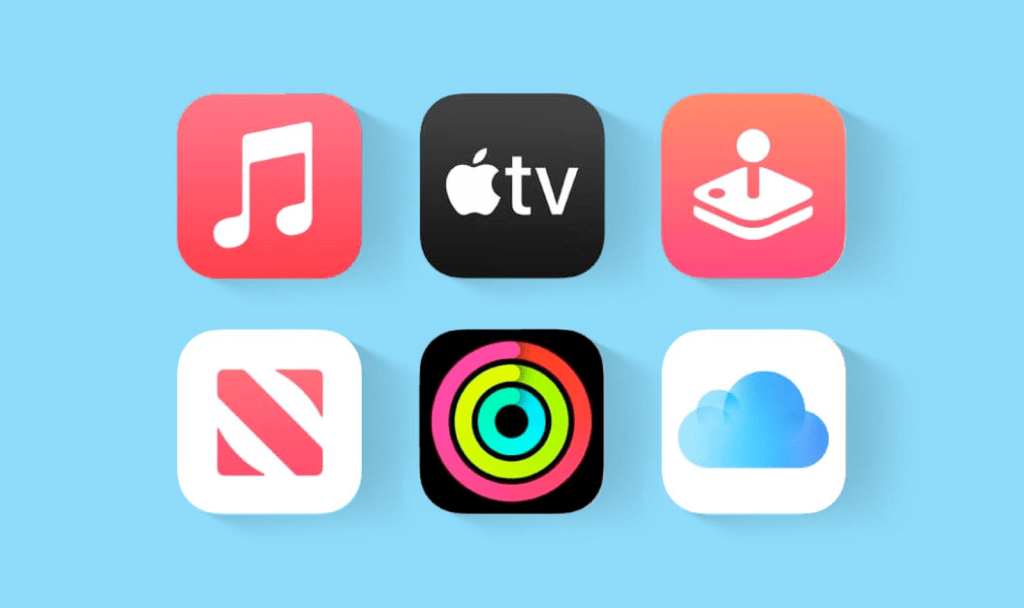 Íconos de las aplicaciones de Apple sobre un fondo azul, incluyendo Apple Music, Apple TV, juegos, Apple News, Activey iCloud.