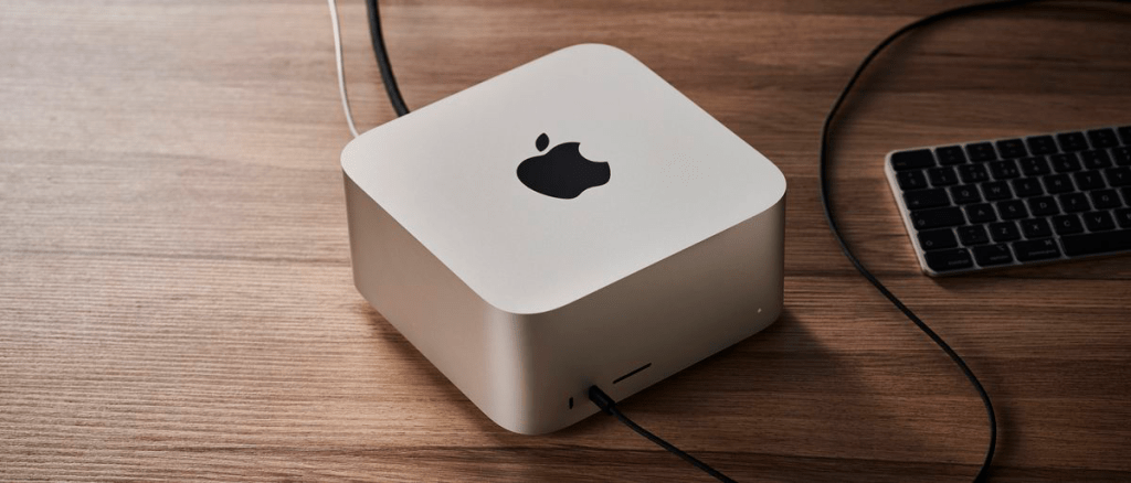 Computadora Mac Mini de Apple sobre una superficie de madera, conectada a un teclado y con cables visibles.