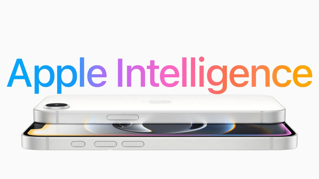 Imagen promocional de los dispositivos de Apple con el texto 'Apple Intelligence' en colores vibrantes, mostrando un iPhone en la parte inferior.