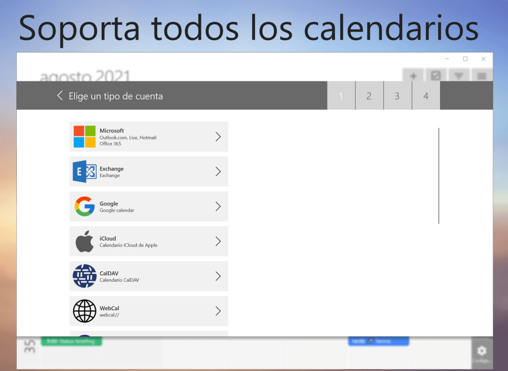 Interfaz de la aplicación OneCalendar mostrando opciones para elegir diferentes tipos de cuenta de calendario, incluyendo Microsoft, Exchange, Google, iCloud, CalDAV y WebCal.