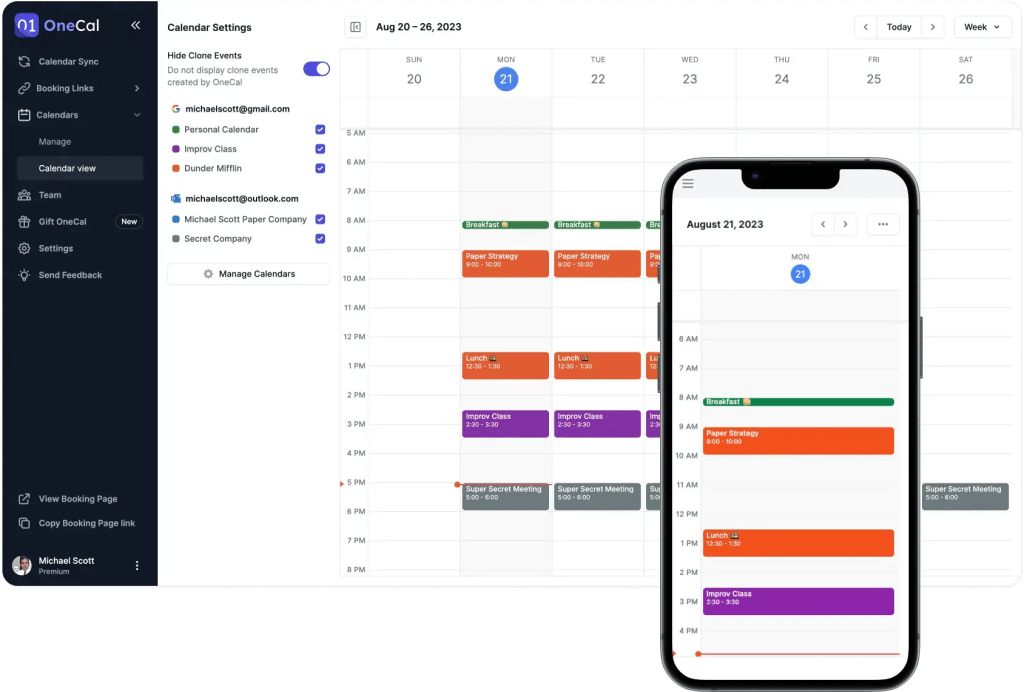 Interfaz de la aplicación OneCalendar mostrando una vista de calendario con eventos programados y opciones de configuración en un ordenador y un dispositivo móvil.