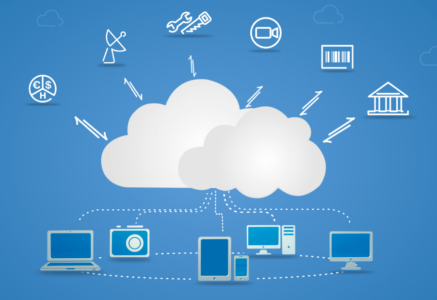 Ilustración representando la nube con íconos de dispositivos conectados, simbolizando el almacenamiento y acceso a datos en la nube.