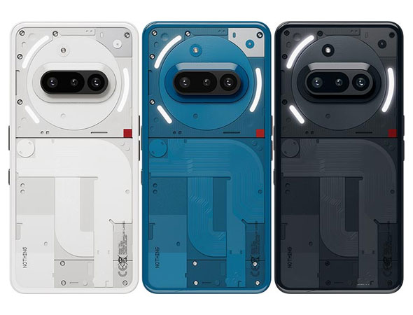 Tres modelos del Nothing Phone (3a) Lite en blanco, azul y negro, mostrando un diseño transparente y minimalista con un acabado tecnológico.