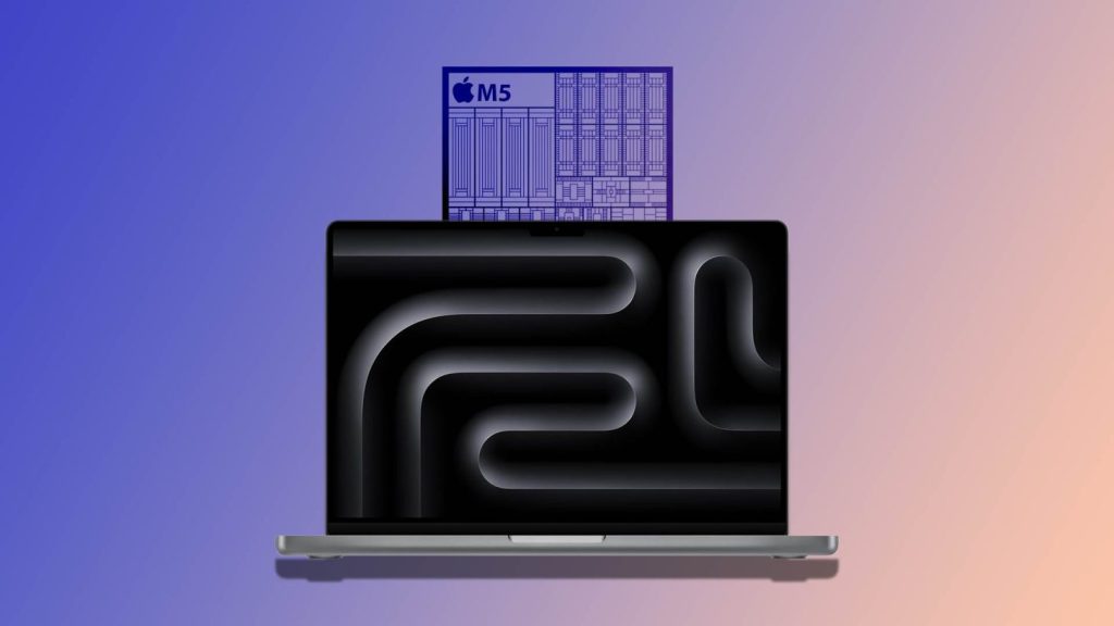 Imagen de un MacBook Pro con un fondo color degradado, mostrando un gráfico del chip M5 de Apple encima de la pantalla del ordenador.