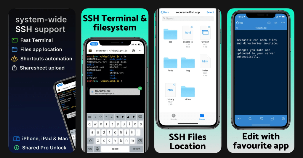 Imagen mostrando la interfaz de la aplicación Secure ShellFish, que incluye un terminal SSH y la ubicación de archivos en un NAS. Se visualizan opciones para editar archivos y automatizar funciones en iPhone, iPad y Mac.