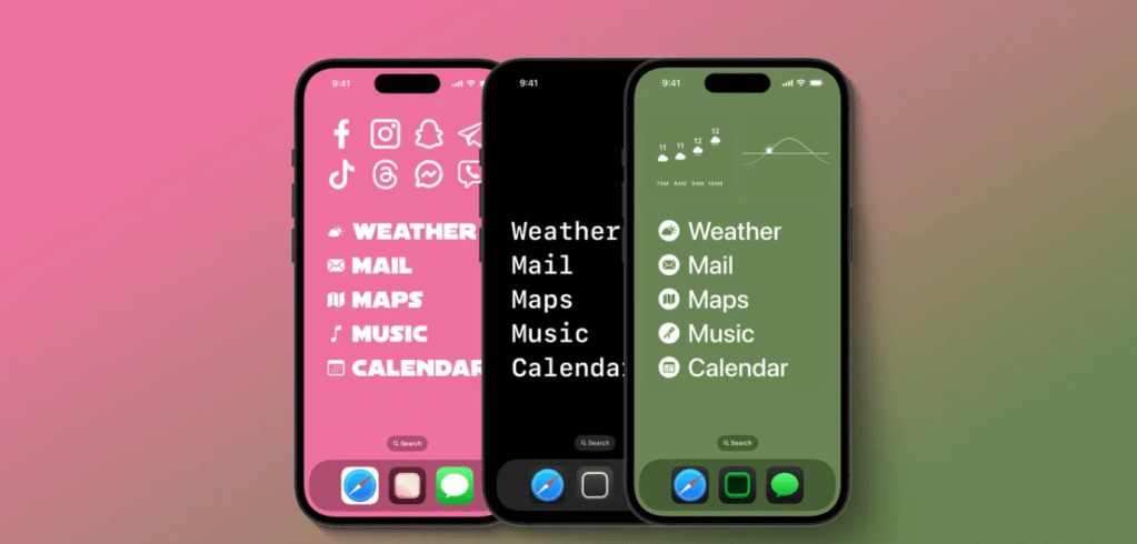 Tres iPhones mostrando diferentes pantallas de inicio con widgets y aplicaciones organizadas en colores variados sobre un fondo degradado.
