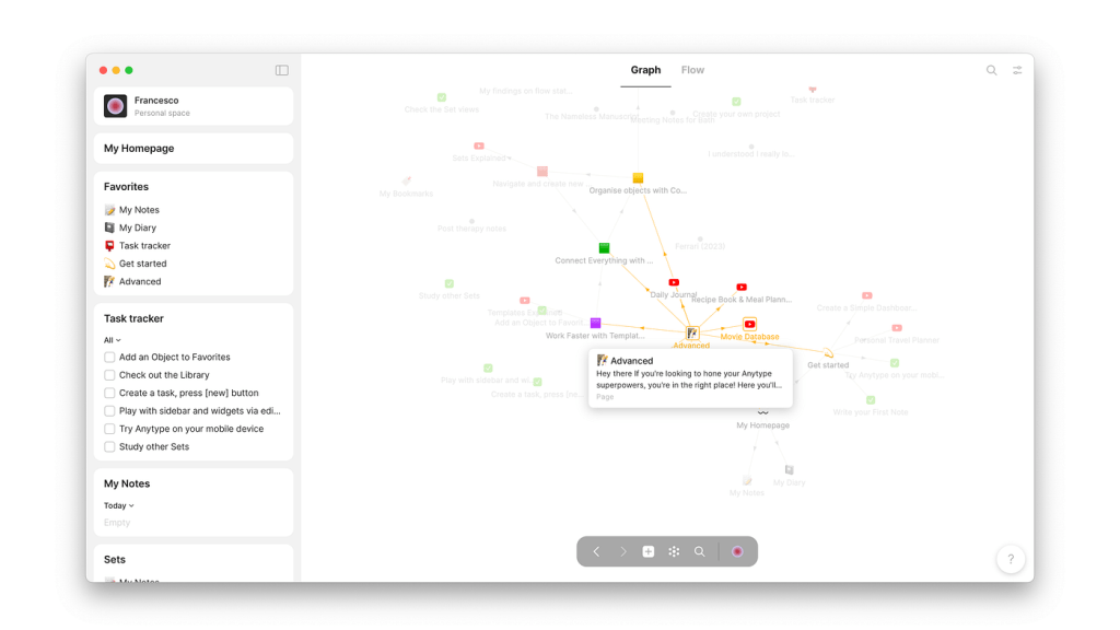 Interfaz de Anytype mostrando una base de datos y notas organizadas en un mapa mental.