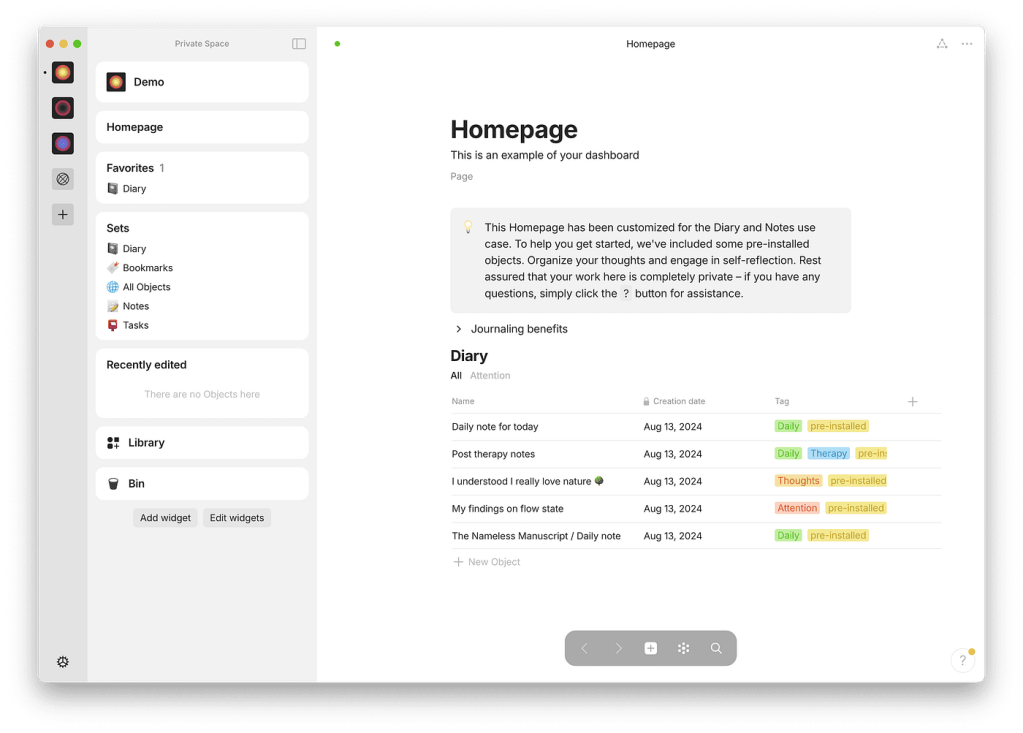 Pantalla del iPad mostrando el dashboard de la aplicación Anytype con secciones de notas y un diario.