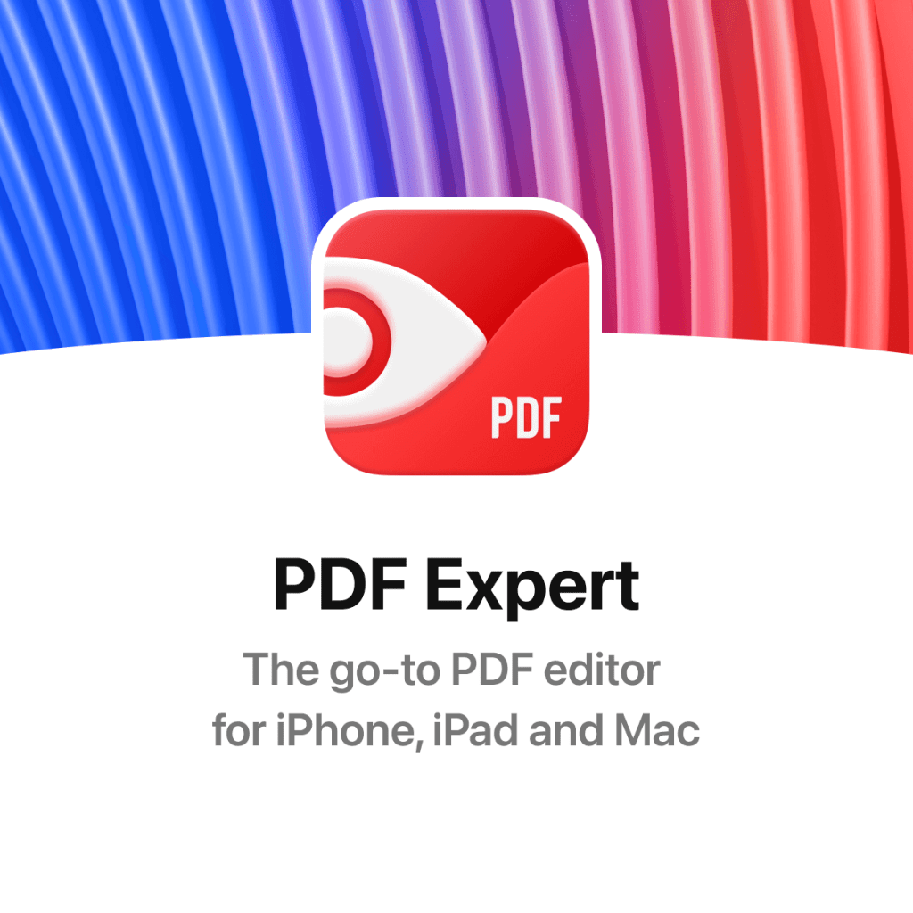 Logo de PDF Expert, el editor de PDF recomendado para iPhone, iPad y Mac, sobre un fondo degradado en colores azul y rojo.
