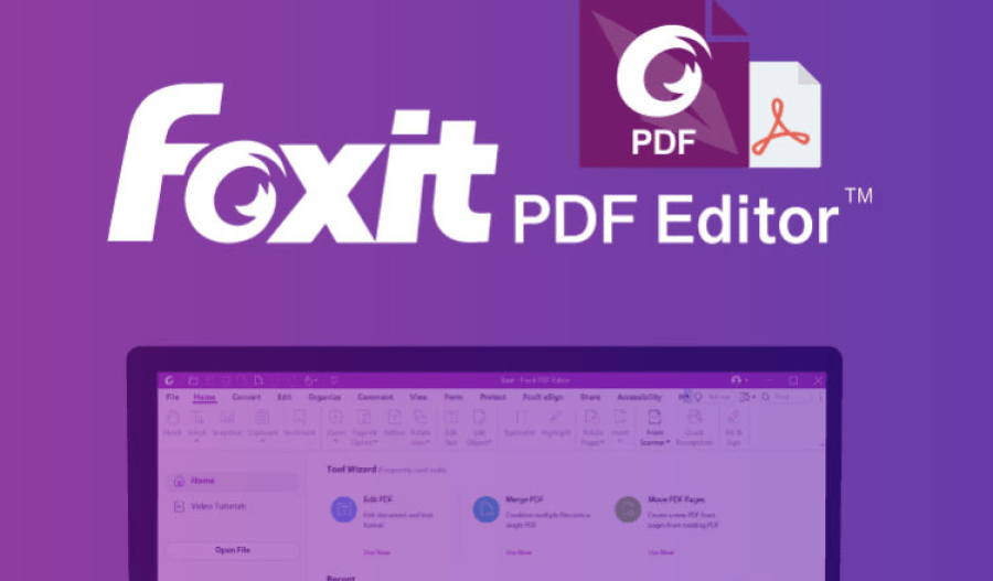 Logo de Foxit PDF Editor en un fondo morado, mostrando herramientas de edición de PDF en la pantalla.