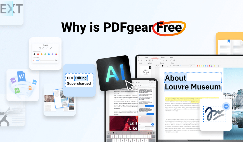 Imagen que promociona PDFgear, mostrando la interfaz de edición de PDF en varios dispositivos, con texto que dice 'Why is PDFgear Free'.