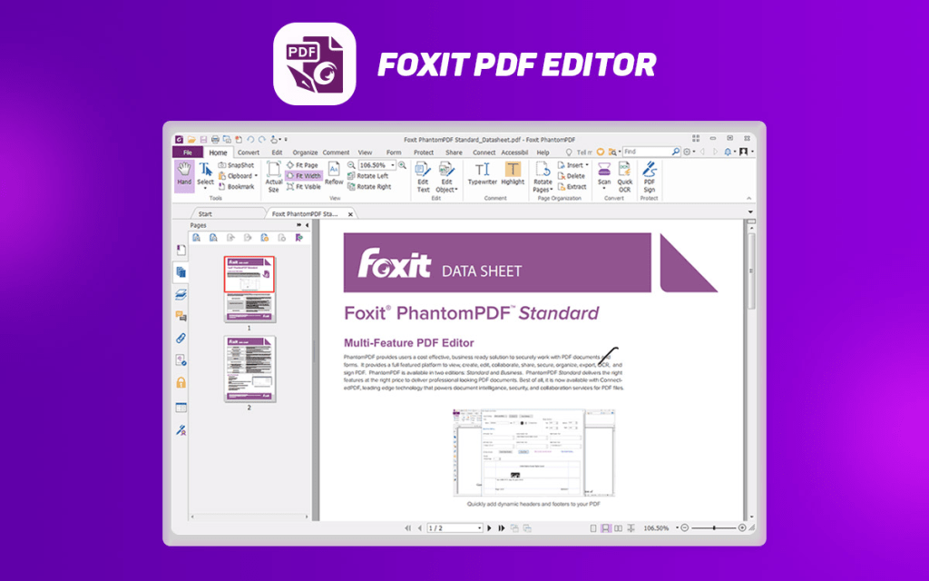 Interfaz del editor Foxit PDF con un documento abierto y herramientas de edición visibles sobre un fondo morado.