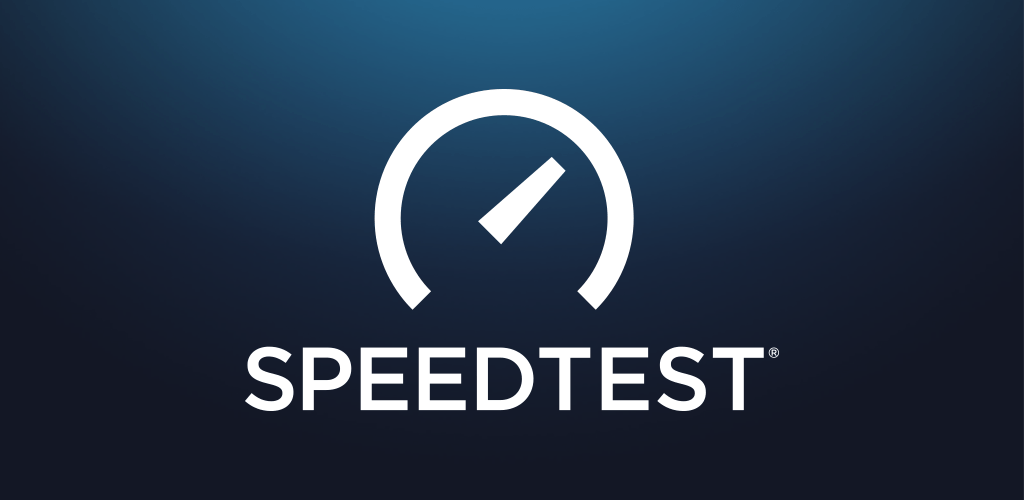 Logotipo de Speedtest con un medidor de velocidad y el texto 'SPEEDTEST' debajo, sobre un fondo azul degradado.