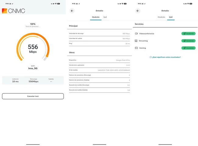 Pantalla de la aplicación Test Velocidad CNMC mostrando resultados de velocidad de conexión: 556 Mbps de descarga y 400 Mbps de subida, junto con información sobre ping y calidad del servicio.