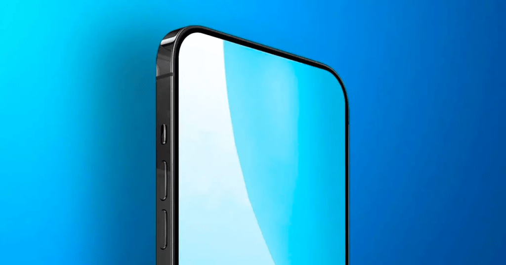 Imagen del borde superior de un teléfono inteligente con pantalla de borde sin marco y botón de encendido visible, contra un fondo azul brillante.