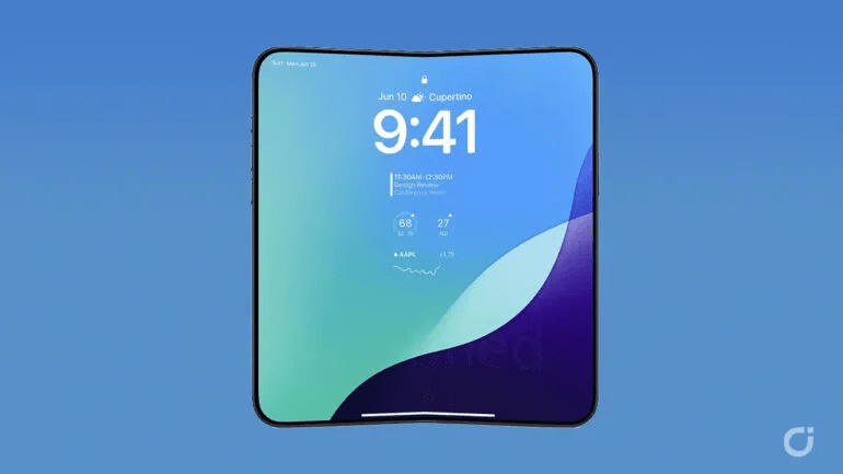 Pantalla de un iPhone plegable que muestra la hora y notificaciones sobre un fondo azul.