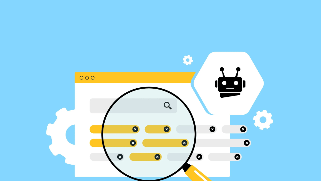 Ilustración de un buscador con un engranaje y un robot, sobre un fondo azul. Representa el uso de inteligencia artificial en la generación de contenido.