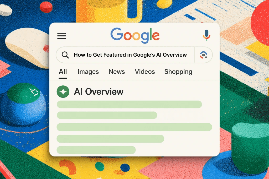 Interfaz de búsqueda de Google mostrando un resumen titulado 'AI Overview' con un diseño colorido de fondo.