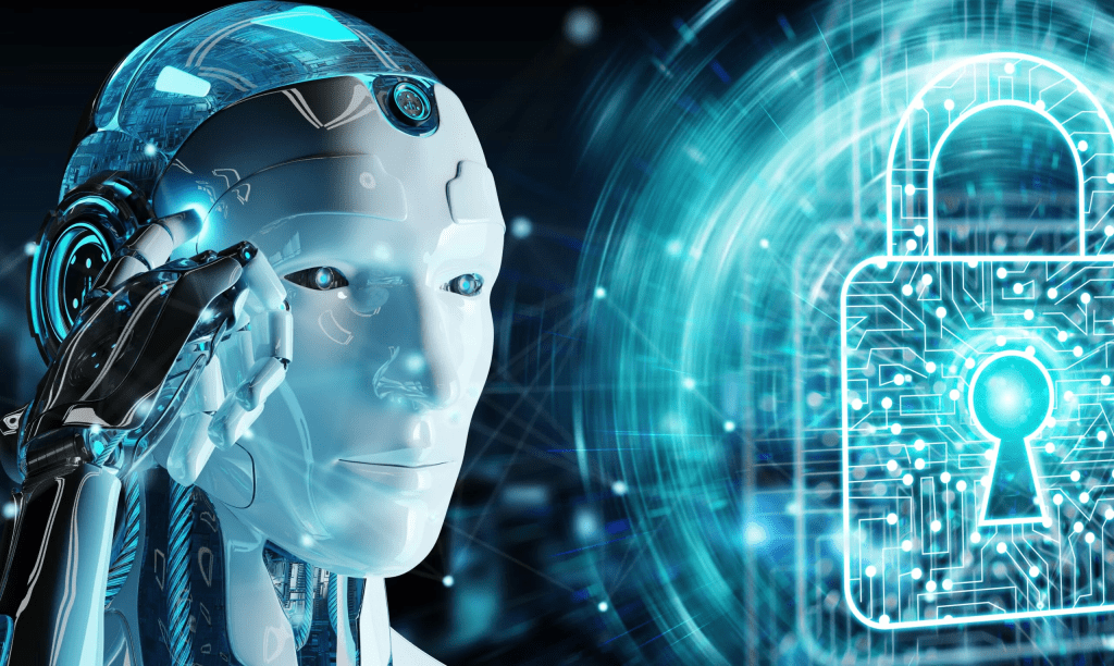 Un robot humanoide toca su cabeza mientras se visualiza un candado digital iluminado, simbolizando la ciberseguridad y la inteligencia artificial.