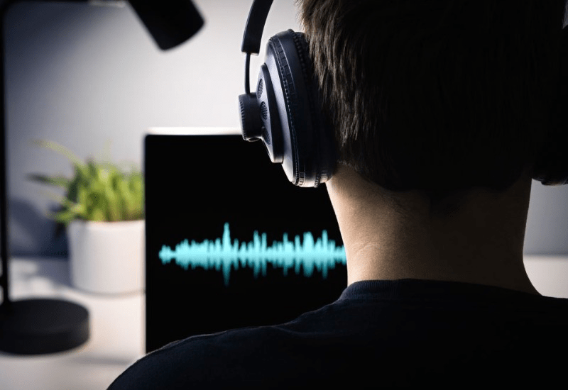Persona con auriculares mirando una pantalla de computadora que muestra una forma de onda de audio, con una planta en el fondo.