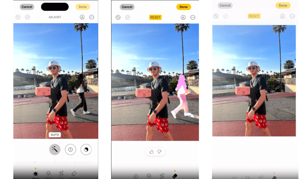 Captura de pantalla mostrando una función de edición de fotos en un dispositivo Apple, donde se observa a una persona sosteniendo un dispositivo, con opciones para ajustar o eliminar elementos no deseados en la imagen.