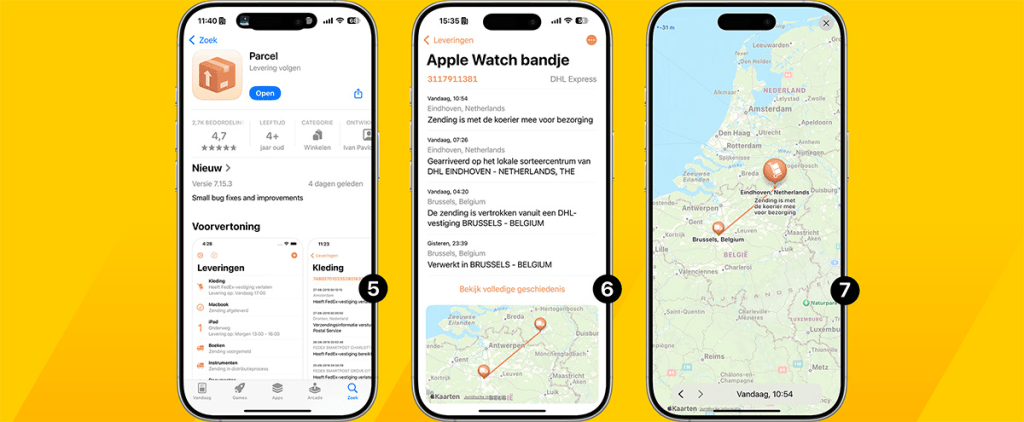 Pantallas de iPhone mostrando la aplicación Parcel, que permite hacer seguimiento de entregas, con un fondo amarillo.