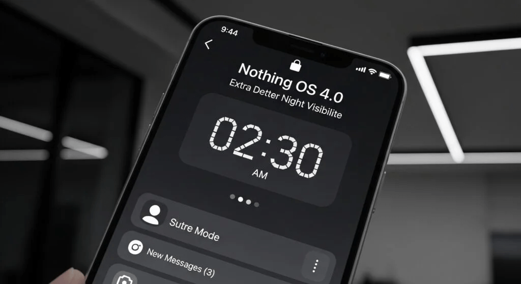 Pantalla del teléfono mostrando Nothing OS 4.0 con la hora 02:30 AM y opciones de modo Sutre, nuevos mensajes y visibilidad nocturna mejorada.