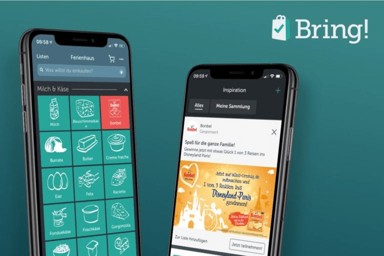 Pantallas de dos teléfonos mostrando la interfaz de la aplicación Bring!, una herramienta de listas de compras que incluye imágenes de alimentos y funcionalidades de organización.