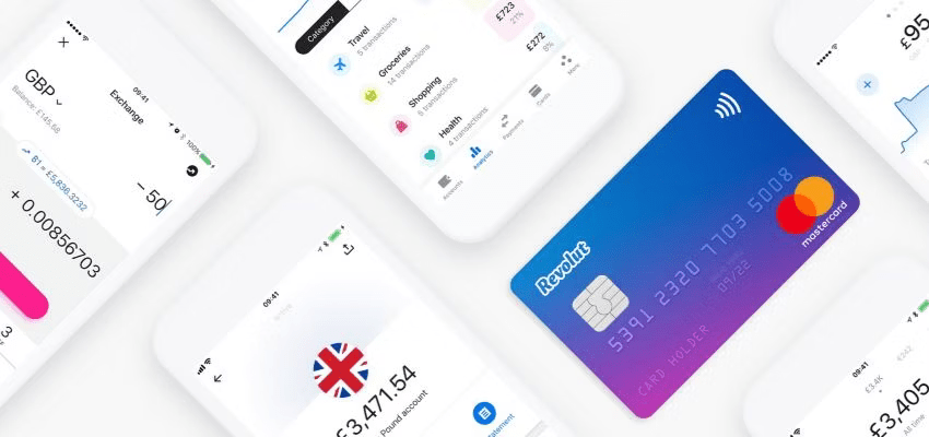 Interfaz de la aplicación Revolut mostrando una tarjeta y pantallas de seguimiento financiero en un iPhone.