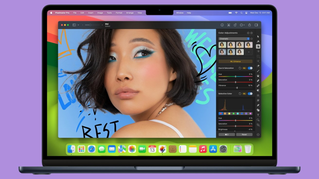 Pantalla de un Mac con la aplicación Pixelmator Pro abierta, mostrando una edición de imagen con una mujer de perfil y ajustes de color visibles.