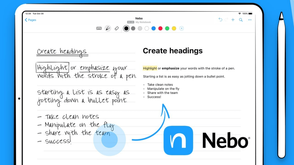 Interfaz de la aplicación Nebo en un iPad, mostrando notas escritas a mano y texto digitalizado con un Apple Pencil.